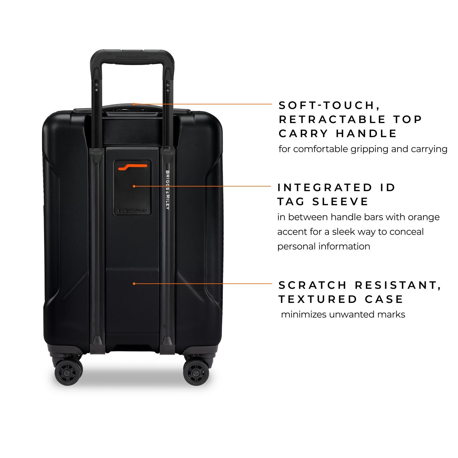briggs & riley torq black international 21" carry-on spinner soft-touch retractable top carry handle for comfortable gripping and carrying, integrated id tag sleeve in between handle bars with orange accent for a sleek way to conceal personal information, scratch resistant textured case minimizes unwanted marks #color_stealth