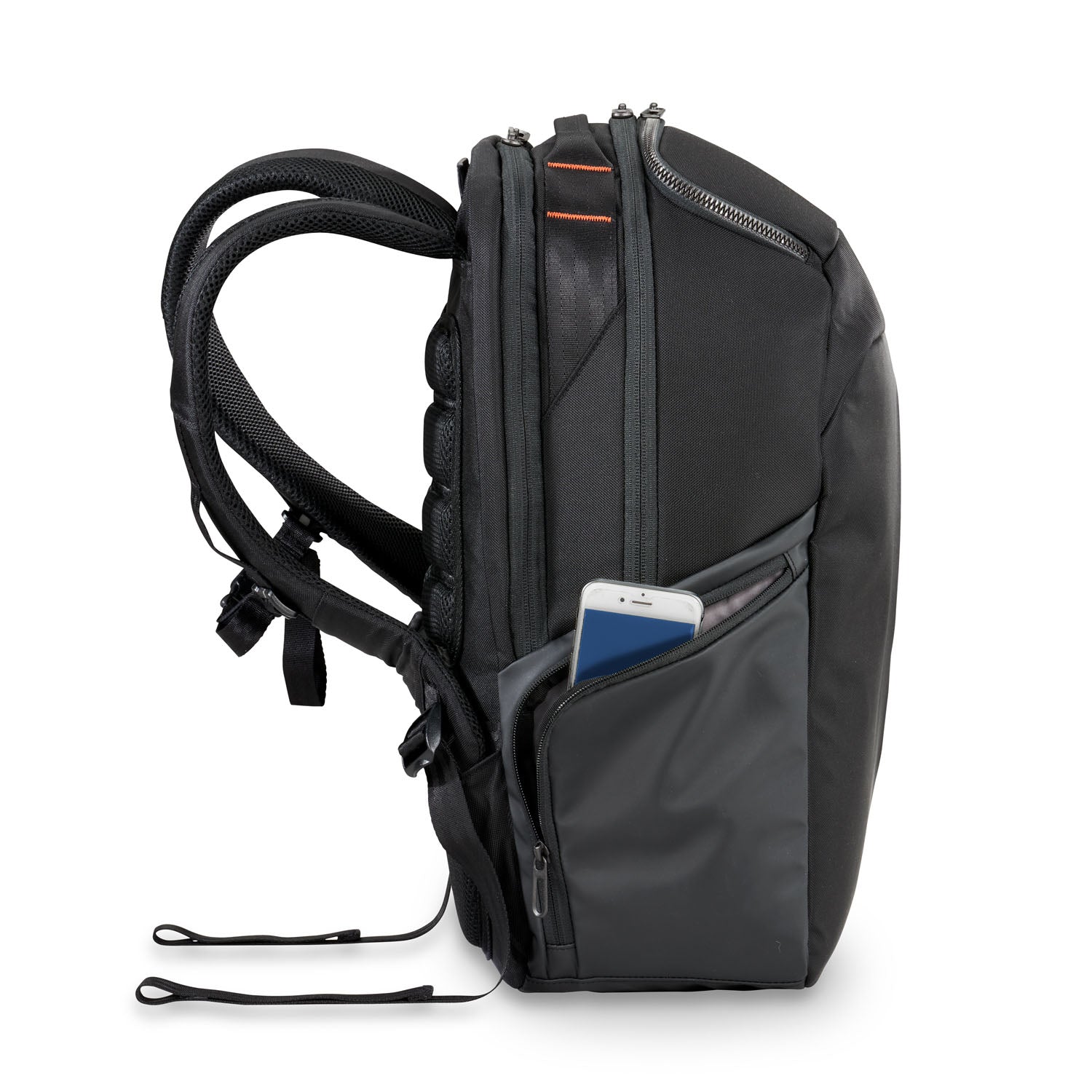 Briggs and Riley ZDX Cargo Backpack Side Pocket View  #color_black