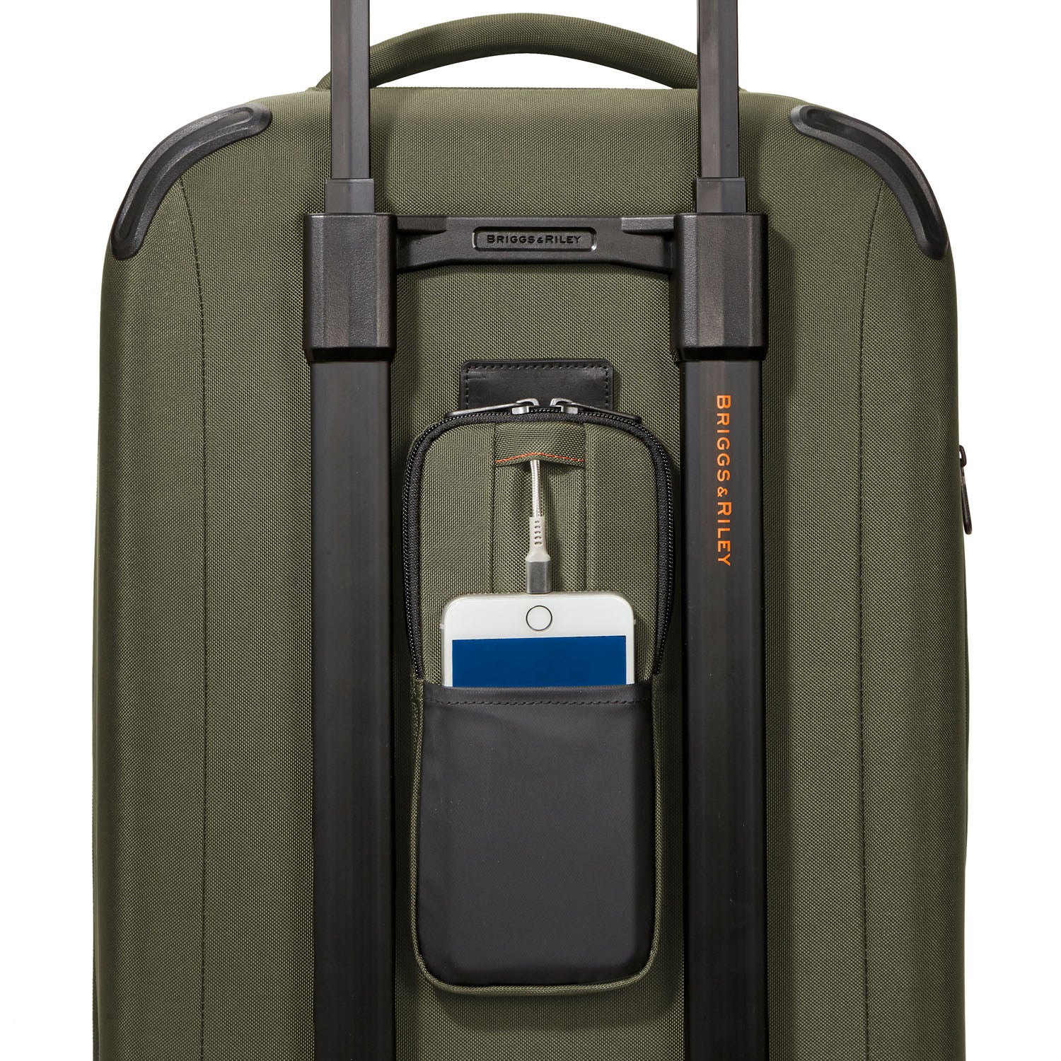 Briggs and Riley ZDX Rolling Carry-On Upright Duffle Hunter Phone Pocket #color_hunter