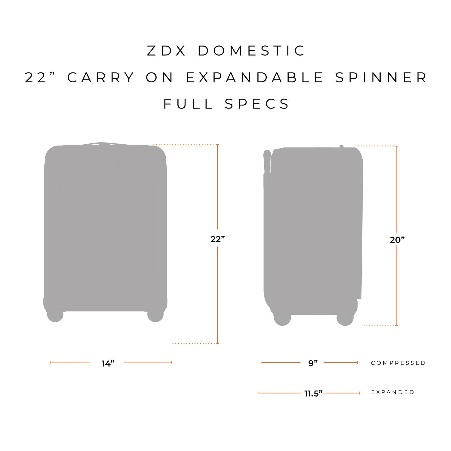 ZDX Domestic 22" Carry-On Expandable Spinner Full Specs, 14"x22", 20"x9" or 11.5" expanded  #color_hunter #color_black #color_ocean