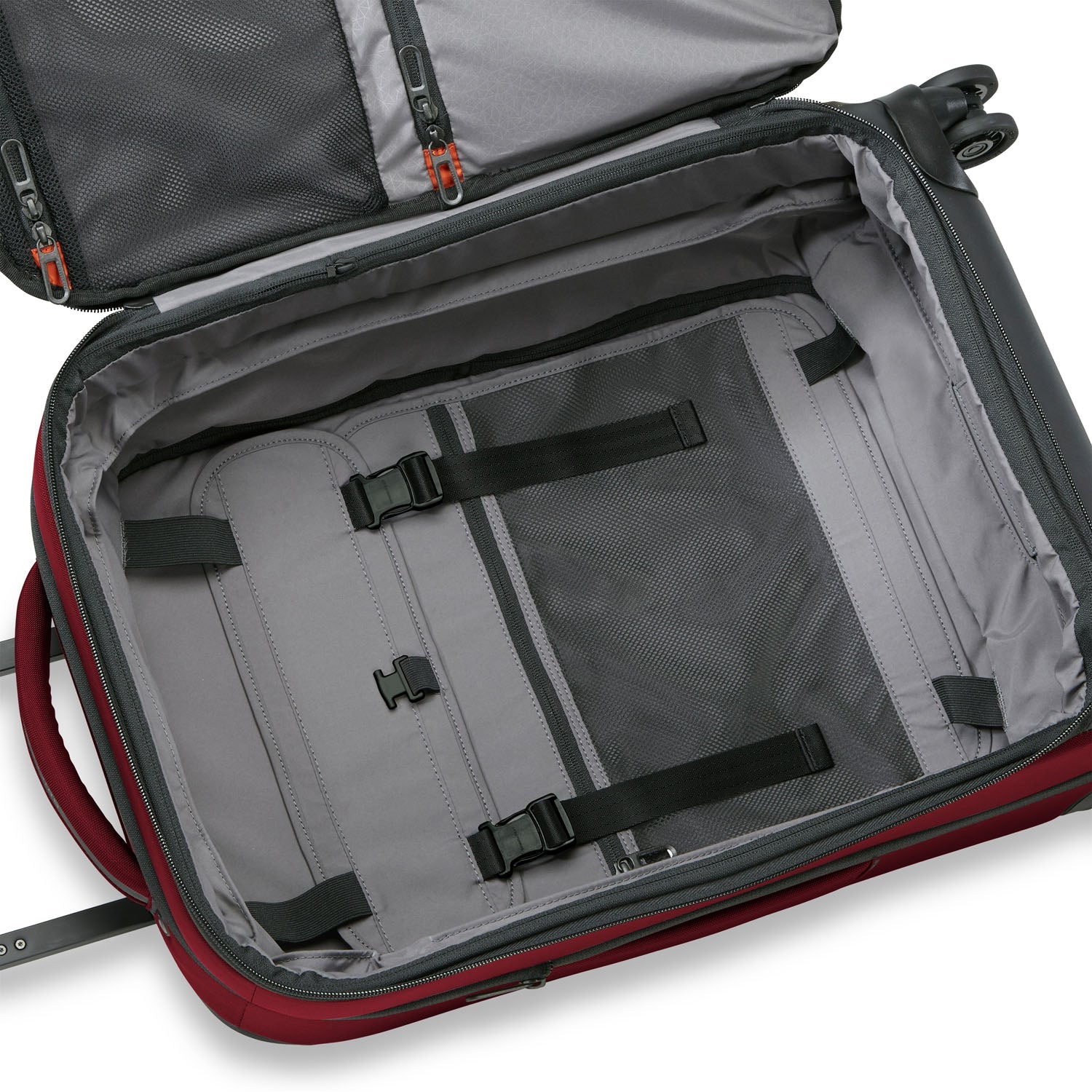 Briggs and Riley ZDX Domestic 22" Carry-On Expandable Spinner Brick Open View #color_brick