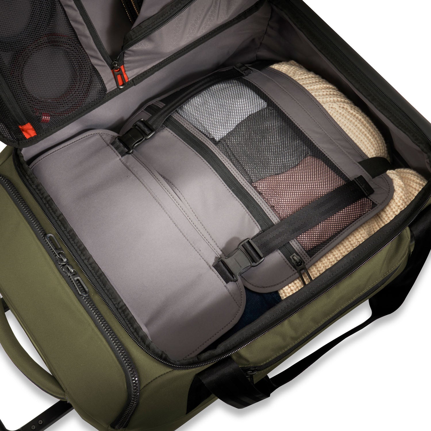 Briggs and Riley ZDX Rolling Carry-On Upright Duffle Hunter Packed #color_hunter