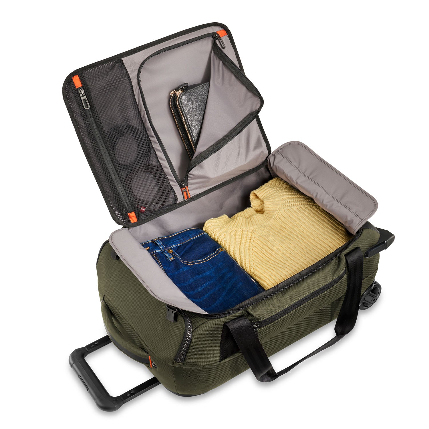 Briggs and Riley ZDX Rolling Carry-On Upright Duffle Hunter Packed #color_hunter