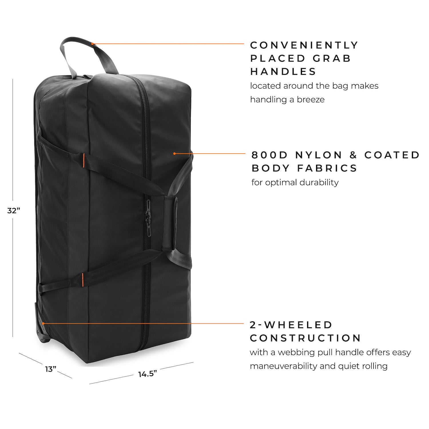briggs & riley extra large rolling duffle conveniently placed grab handles located around the bag makes handling a breeze, 800d nylon & coated body fabrics for optimal durability, 2-wheeled construction with a webbing pull handle offers easy maneuverability and quiet rolling  #color_black